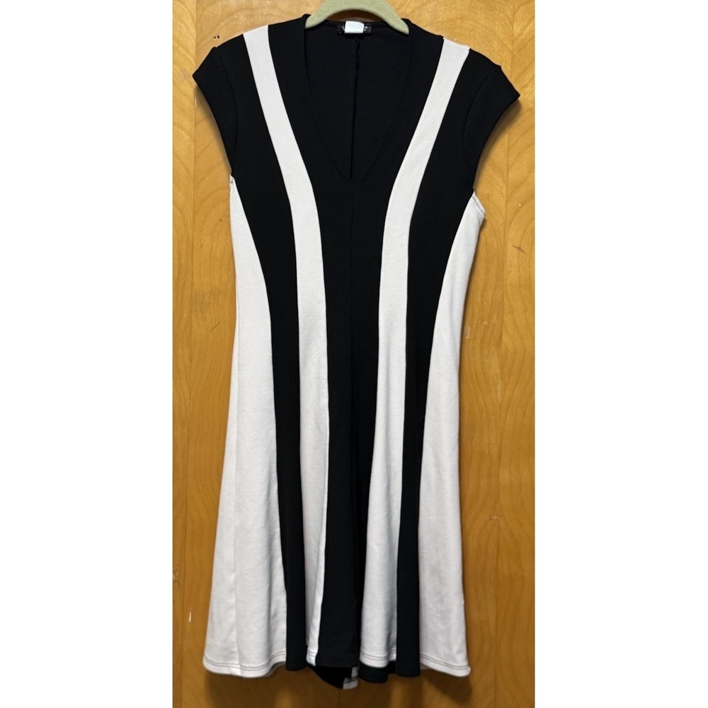 Venus Womens Fit & Flare Cap Sleeve V Neck Vertical Stripe Dress Lt Pink Black 8